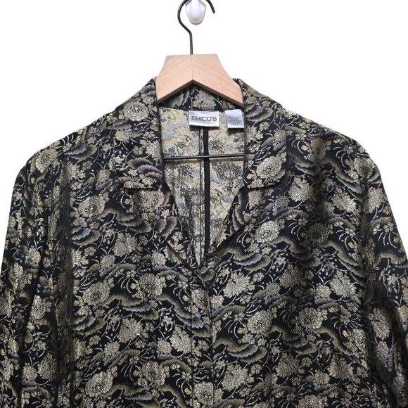 Chicos Black Floral Metallic Embroidered Silk Blend Button Down Blouse Sz 3 (XL) - Picture 2 of 8